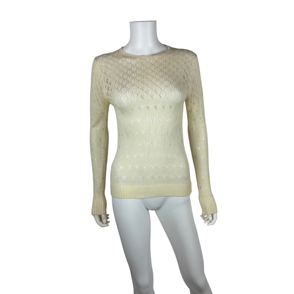 Vintage 70s Pointelle Sweater Womens XS Acrylic Sheer Cream Long Sleeve Top
